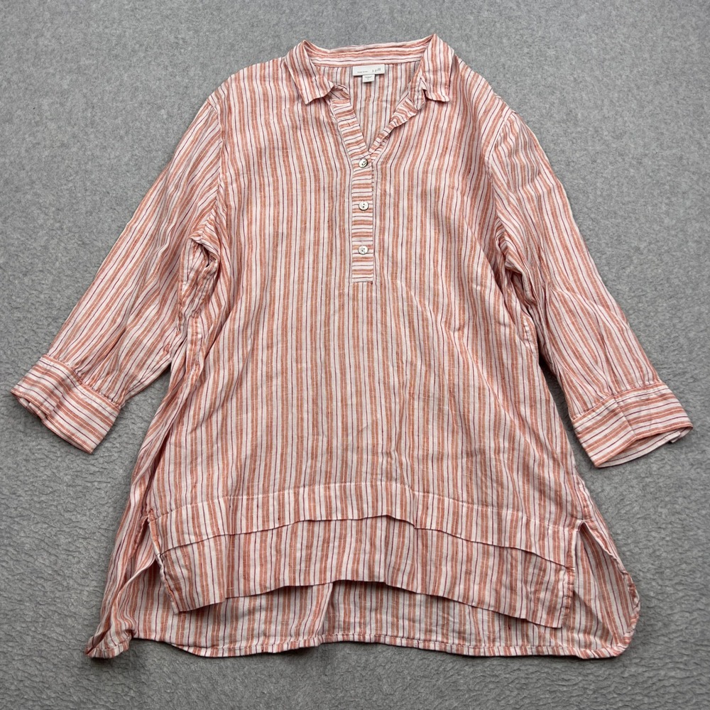J. Jill Tunic Womens Large Pink Striped 100% Linen Henley 3/4 Sleeve Hi-Low Hem